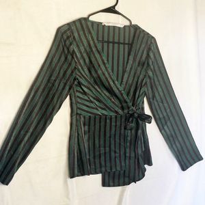 Zara Trafaluc green red black stripe wrap blouse XS